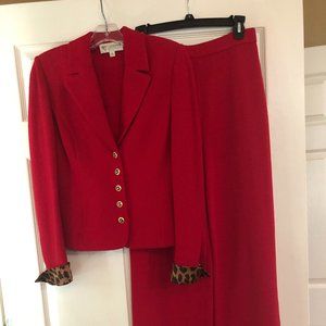 St. John Santana Knit Jacket and Pants Suit Red with Cheetah Print Trim Sz Sm